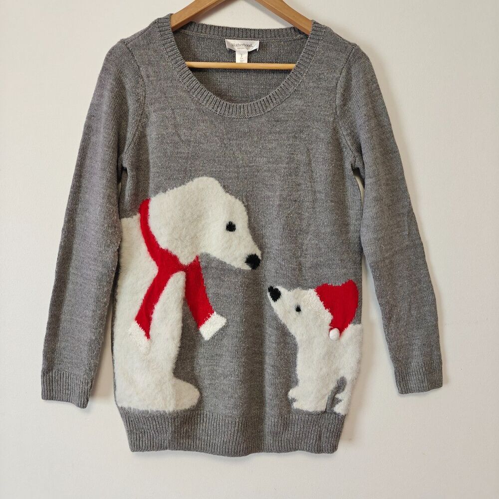 Motherhood Maternity Christmas Sweater Size S Polar Bear & Cub Gray Crewneck